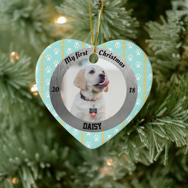 Hund mein erstes Weihnachts-Welpen-Foto Name Herz Keramik Ornament (Baum)