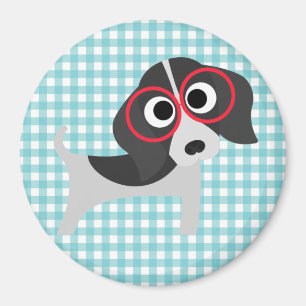 Hund mit Brille auf Blue und White Gingham Design Magnet