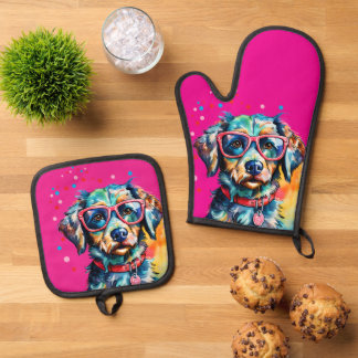 Hund mit Brille Ofenhandschuh & Topflappen-Set