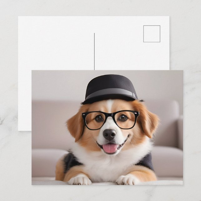 Hund mit Brille und Hut Postkarte (Vorne/Hinten)