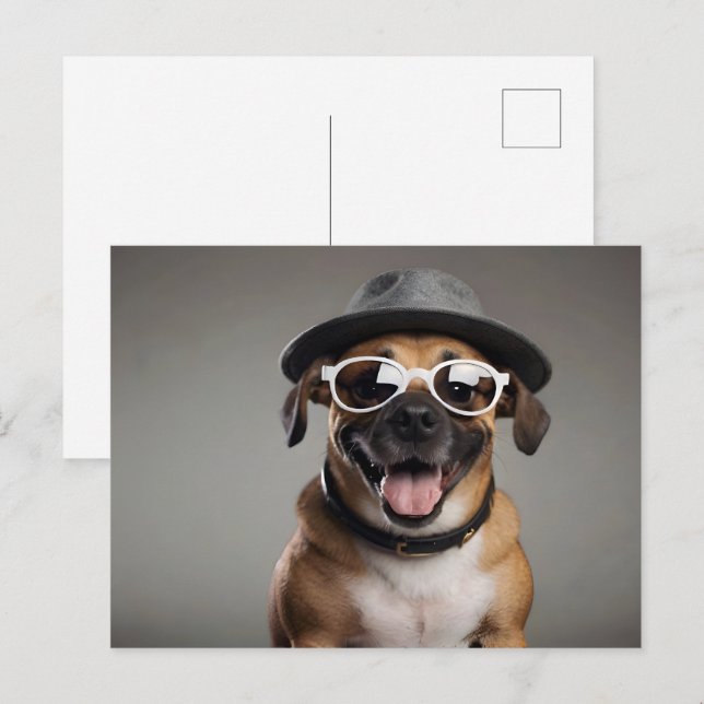 Hund mit Brille und Hut Postkarte (Vorne/Hinten)