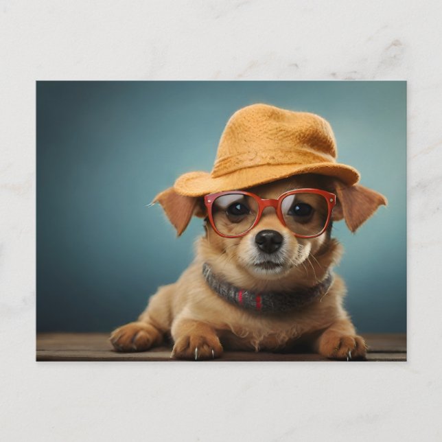 Hund mit Brille und Hut Postkarte (Vorderseite)