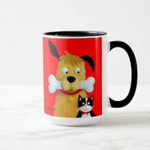 Hund mit dem Knochen u. Katze - lustige Tasse
