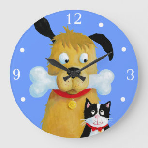 Hund mit dem Knochen und Katze - Wanduhr