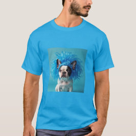 Hund mit einem blauen Perücken-T - Shirt
