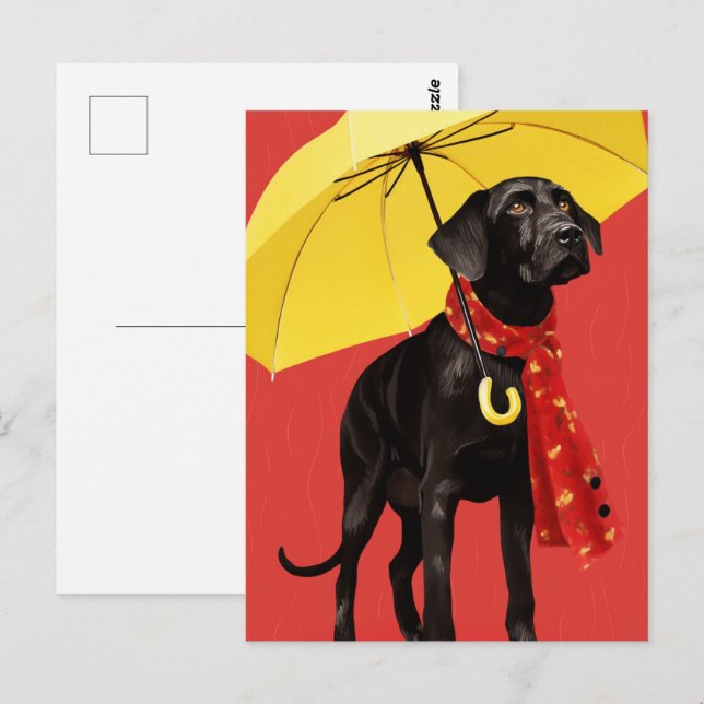 Hund mit gelbem Schirm Postkarte (Vorne/Hinten)