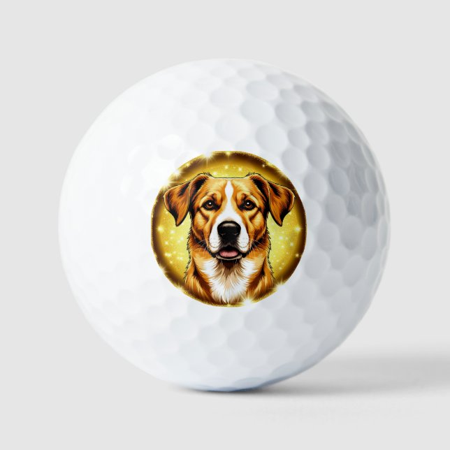 Hund mit goldenem Hintergrund Golfball (Vorderseite)
