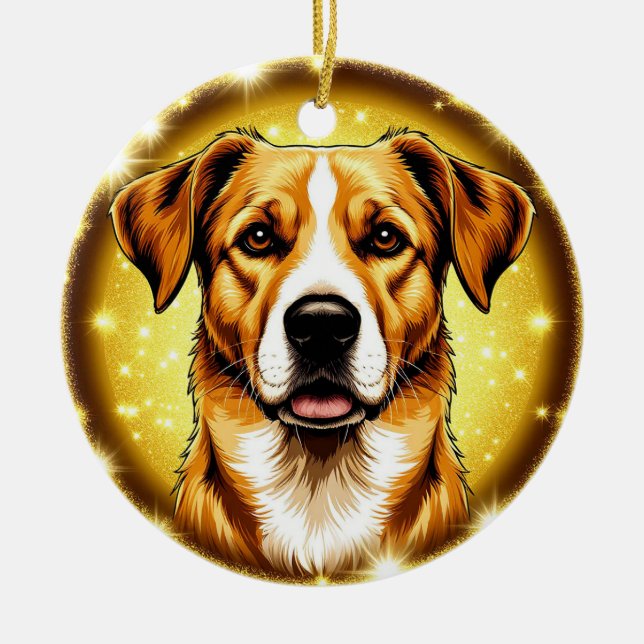 Hund mit goldenem Hintergrund Keramik Ornament (Vorne)