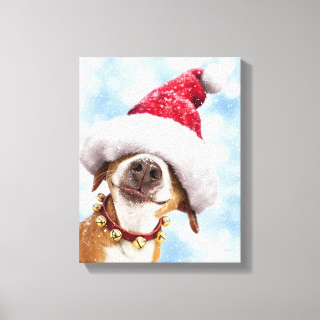 Hund mit großer Weihnachtsmannmütze Leinwanddruck (Vorderseite)
