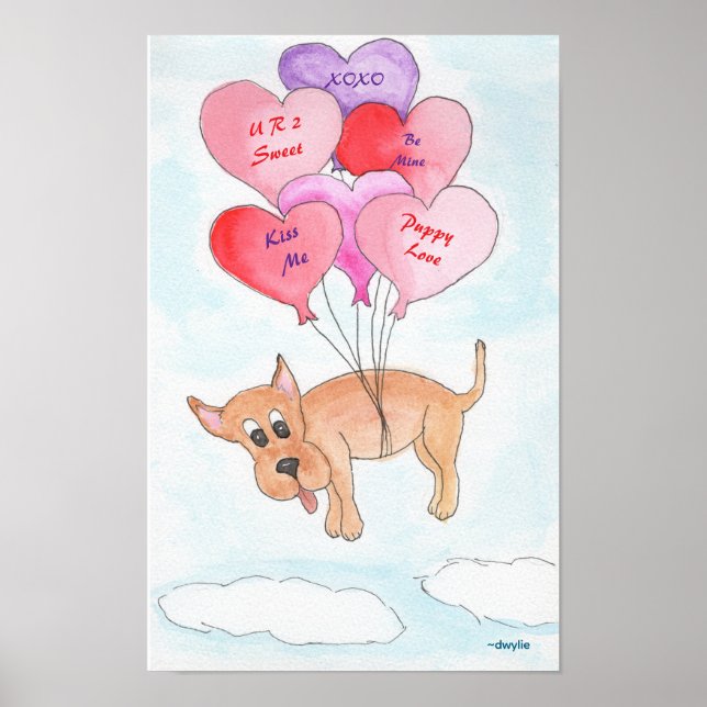 Hund mit Herzballons Poster (Vorne)