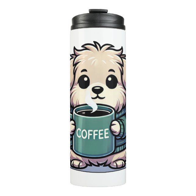 Hund mit Kaffeetasse auf einem Thermosbecher (Vorderseite)