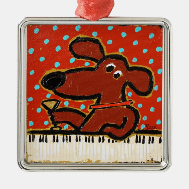 Hund mit Klavier und Martini-Verzierung Silbernes Ornament (Vorne)
