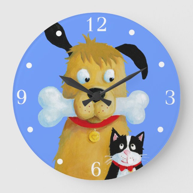 Hund mit Knochen und Katze - Wall-Uhr Große Wanduhr (Vorderseite)