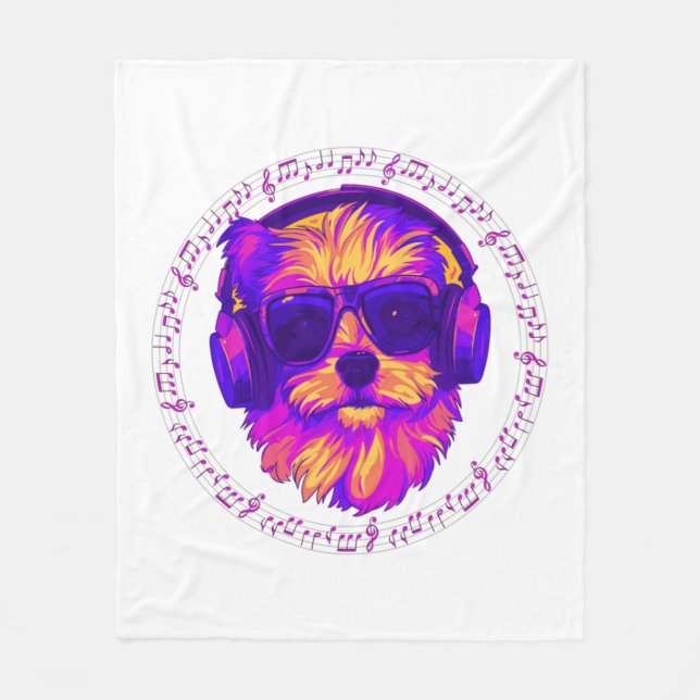 Hund mit Kopfhörerhund mit Brille Fleecedecke (Vorderseite)