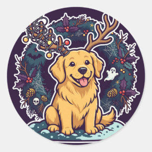Hund mit Rengeweih-Aufkleber Runder Aufkleber