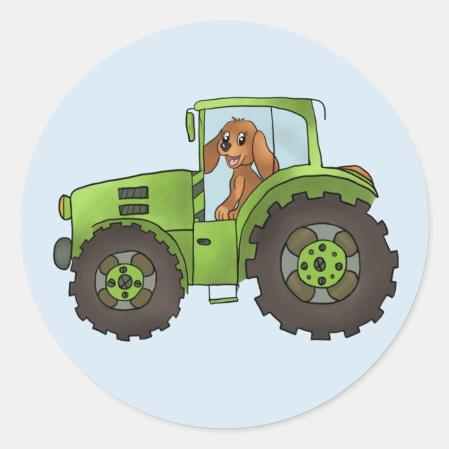 Hund mit Trecker Runder Aufkleber (Vorderseite)
