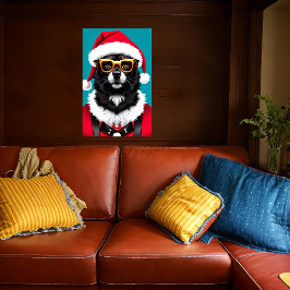 Hund mit Weihnachtsmannmütze und Sonnenbrille| AI  Poster