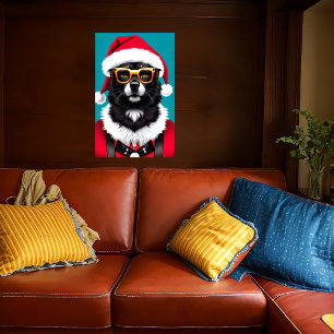 Hund mit Weihnachtsmannmütze und Sonnenbrille  AI  Poster