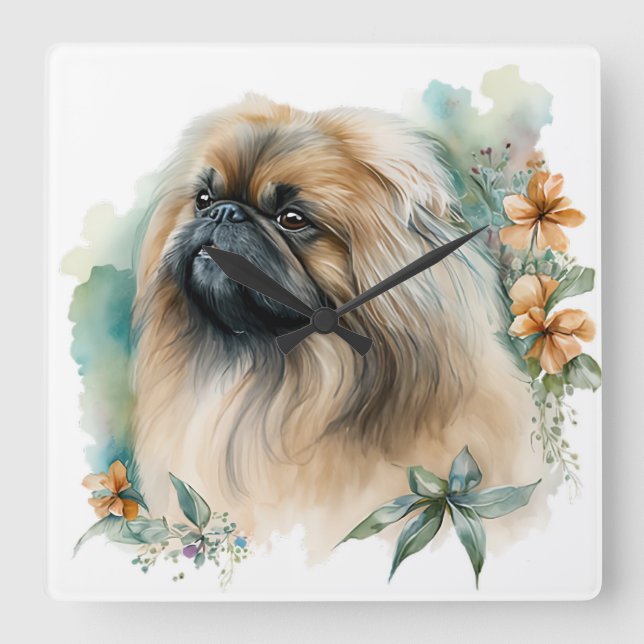 HUND MIT WILDBLUMEN QUADRATISCHE WANDUHR (Vorderseite)