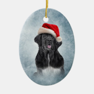 Hund Neufundland im roten Hut von Weihnachtsmann Keramik Ornament