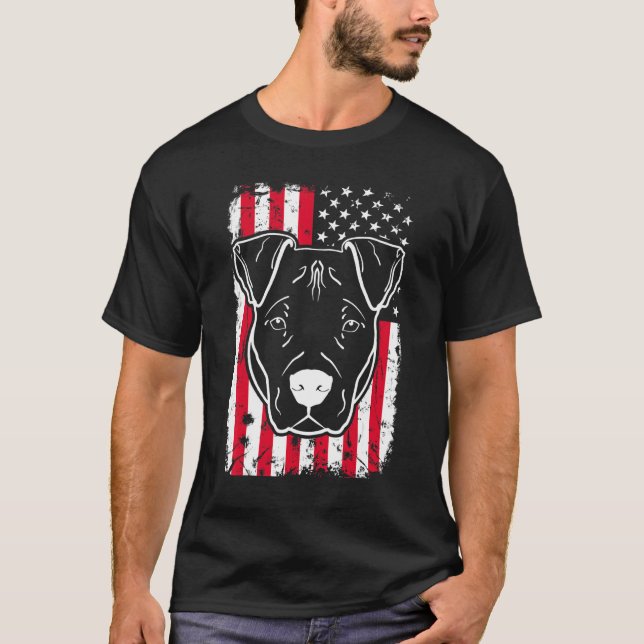 Hund Pitbull US amerikanische Flagge T-Shirt (Vorderseite)