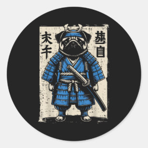 Hund Pug Samurai Lustige Japanische Krieger Kunst Runder Aufkleber