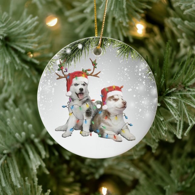Hund Reindee Siberisches Husky-Eiskschuksha-Welpen Keramik Ornament (Baum)