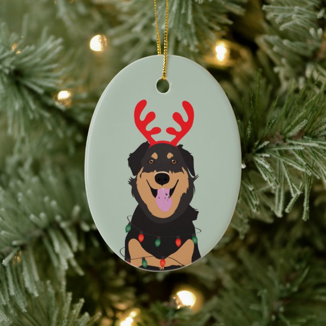 Hund Reindeer Happy Pawlidays Keramik Ornament (Baum)