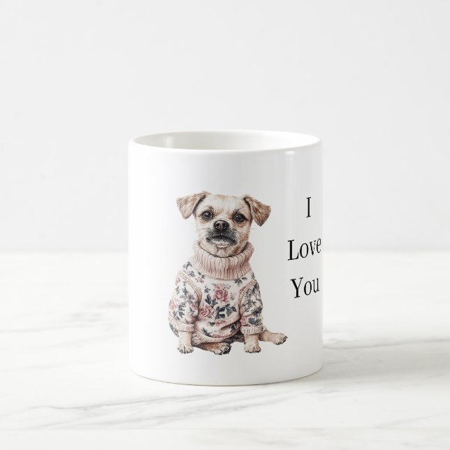 Hund Rosa Blumenpullover Ich liebe dich (Welpenlie Kaffeetasse (Mittel)