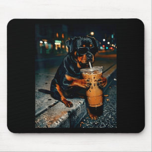 Hund Rottweiler trinkt eisgekühlten Kaffee lustige Mousepad