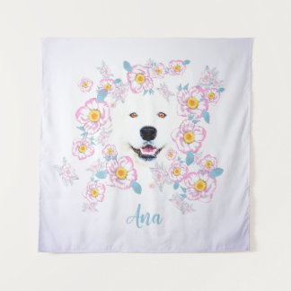 Hund Samoyed und rosa Blumen, benutzerdefinierter Wandteppich