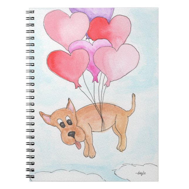 Hund schwebt mit Herzballons Notizblock (Vorderseite)
