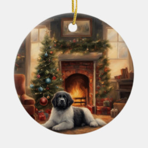 Hund sitzend vor einem Weihnachtsbaum Keramik Ornament