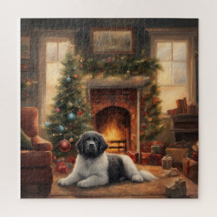 Hund sitzt vor einem Weihnachtsbaum