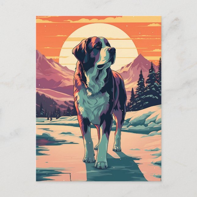 Hund St.Bernard im Schneewald bei Sonnenuntergang Postkarte (Vorderseite)