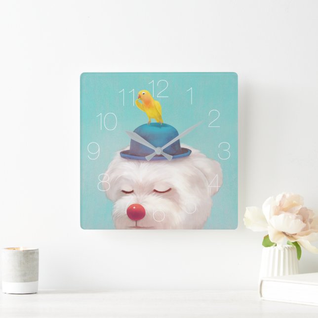 Hund tragen eine Bowler-Huthalm-Wall-Uhr Quadratische Wanduhr (Zuhause)