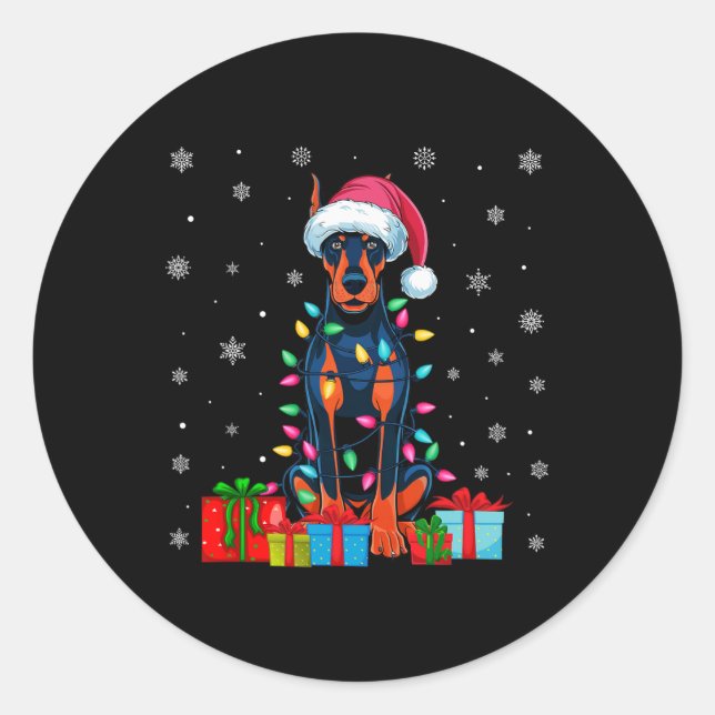 Hund Ugly Xmas Lights Santa Doberman Pinscher Dog  Runder Aufkleber (Vorderseite)