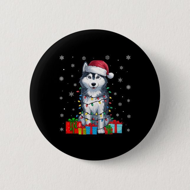 Hund Ugly Xmas Lights Weihnachtsmannmütze Siberisc Button (Vorderseite)