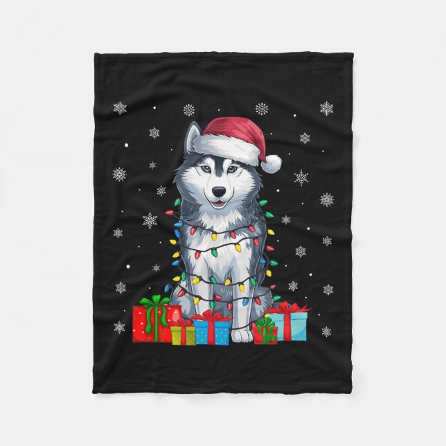 Hund Ugly Xmas Lights Weihnachtsmannmütze Siberisc Fleecedecke (Vorderseite)