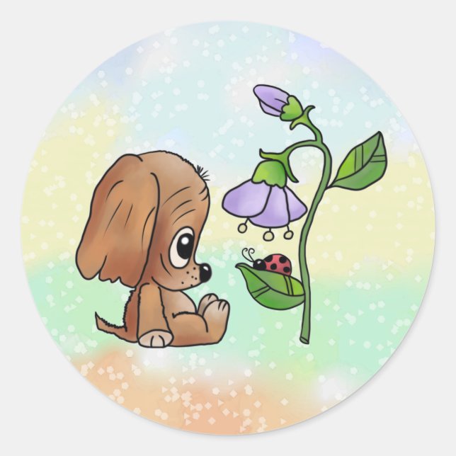 Hund und Blume Runder Aufkleber (Vorderseite)