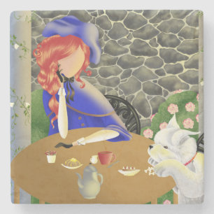 Hund und Dame im Café bei Sonnenuntergang Steinuntersetzer