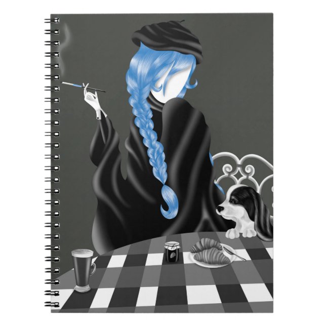 Hund und Dame im französischen Café Blue Notizblock (Vorderseite)