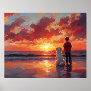 Hund und Junge beobachten den Sonnenuntergang am S Poster