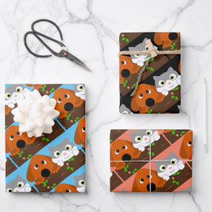 Hund und Katze auf dem Zweig Geschenkpapier Set