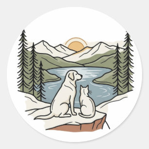 Hund und Katze Bergsee Sonnenuntergang  Runder Aufkleber
