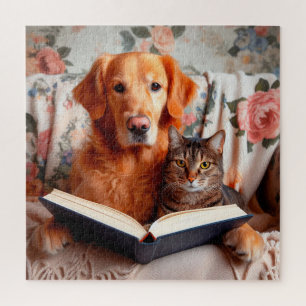 Hund und Katze lesen ein Buch