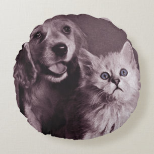 Hund und Katze, Personalisiert nachsehen Rundes Kissen