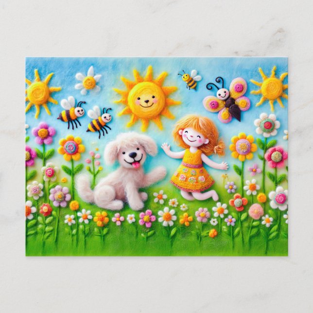 Hund und Kind im Blumengarten fühlen Postkarte (Vorderseite)