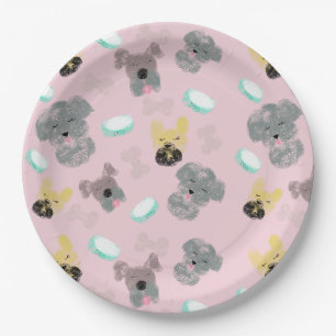 Hund und Schüsseln Haustiermuster Pink Blau Pappteller