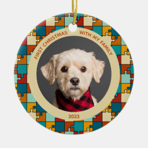 Hund Vintage Puzzle 1. Weihnachten mit Familienfot Keramik Ornament